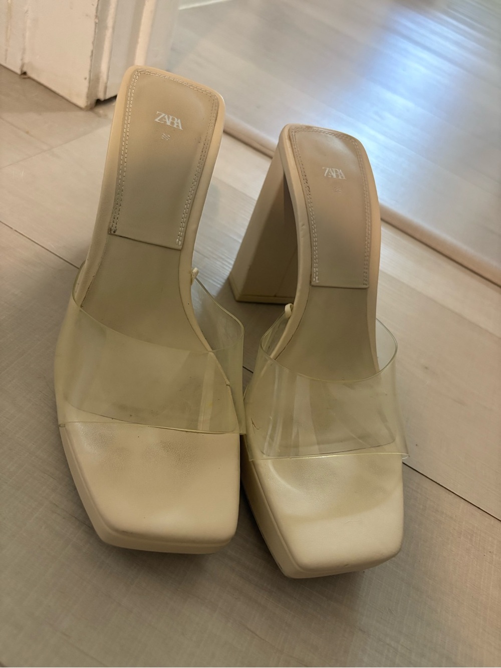 Zara Cream Square-Toe Block Heel Sandals with Clear Strap